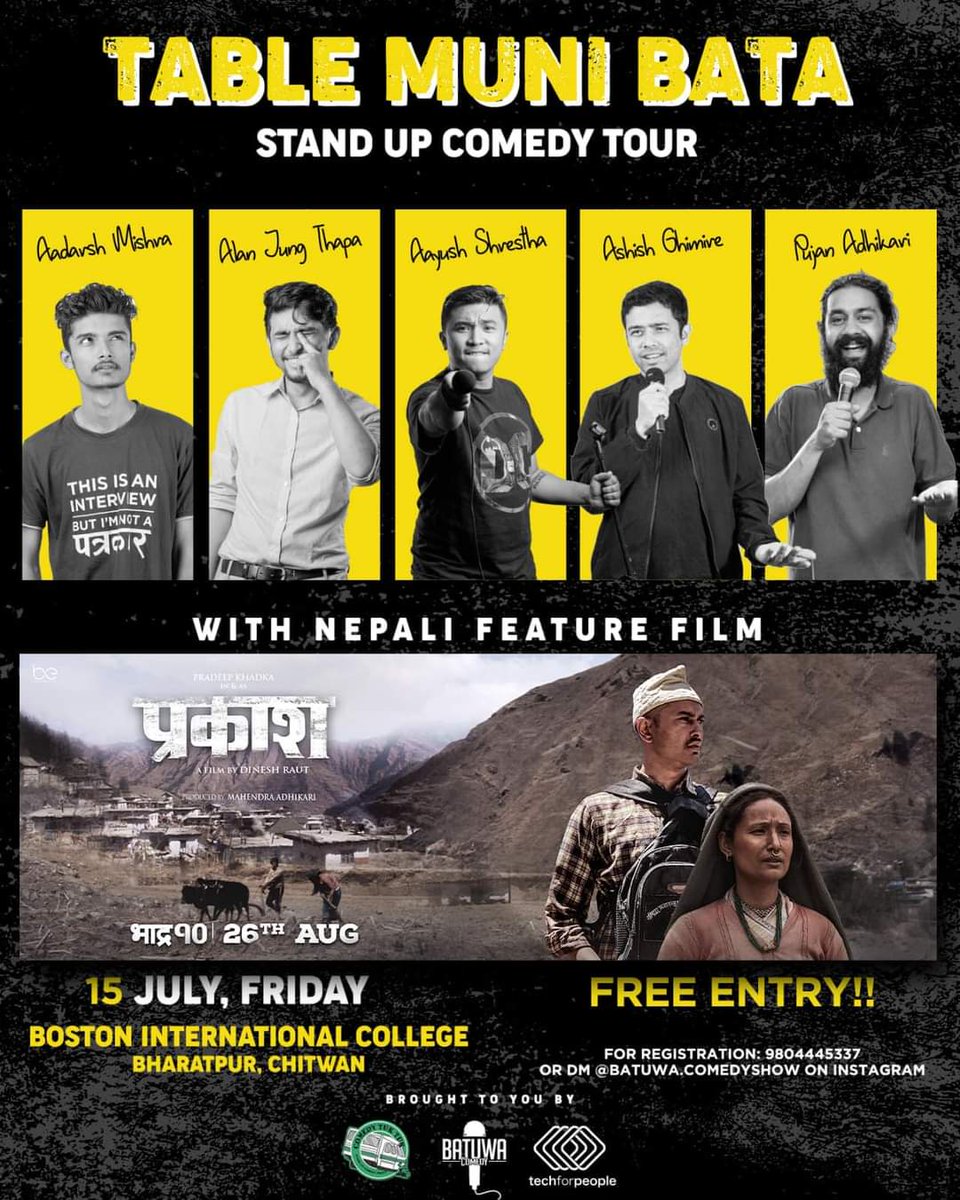 RajjitC's tweet image. ↩
कार्यक्रम हरेक शहरमा एउटा'टिकट काटेर'र अर्को'नि:शुल्क' गरि दुइ दिन हुनेछ।कार्यक्रममा सहभागी हुन,हरेक हप्ता प्रदिप खड्का संगै चलचित्रको'कास्ट र क्रु'पनि सहभागी हुनेछन्।

#PradeepKhadka #promotionTour #BinishEntertainment #TridentConcept