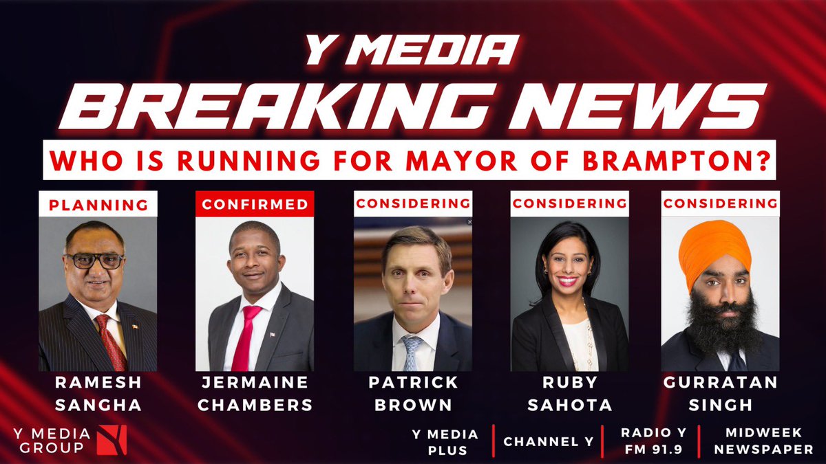 ymediagroup's tweet photo. #YMedia #BreakingNews Who Is Running For #MayorofBrampton? #RameshSangha Planning, #JermaineChambers Confirmed, #PatrickBrown Considering, #RubySahota Considering, #GurratanSingh Considering

@YudhvirJaswal @sangharamesh ,  @patrickbrownont @rubysahotalib @GurratanSingh https://t.co/Wn5HgV5o7U