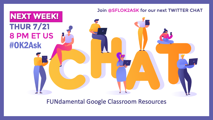 Our next #edchat #twitterchat from <a href="/TeachersFirst/">TeachersFirst</a> is next Thursday, July 21, at 8 PM EST.

Topic: FUNdamental Google Classroom Resources

Use #OK2Ask &amp; #TeachersFirst to join our host <a href="/BowerKM/">Kevin Bower</a>

#edtechchat 
#edtech 
#edutwitter
#teachertwitter
#GAFE
#GoogleEDU 
#Google