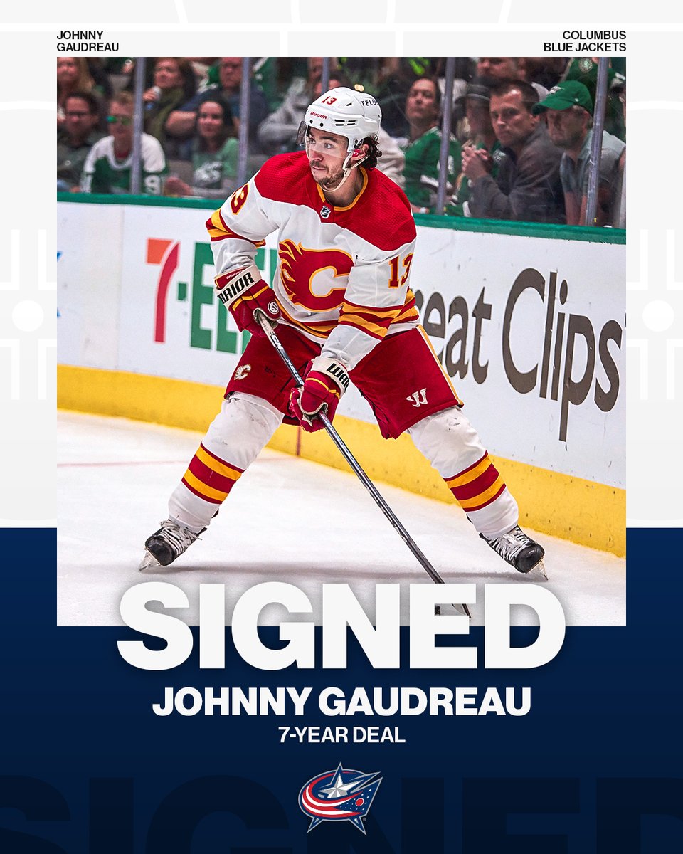 NHL's tweet photo. HERE'S JOHNNY 💙 

The @BlueJacketsNHL have signed @johngaudreau03 to a seven-year deal! #NHLFreeAgency https://t.co/gw7zpBHhWW
