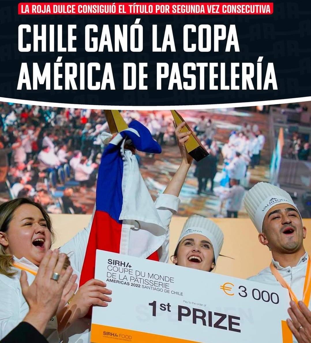 pchile_web's tweet photo. CHILE ES CAMPEÓN DE AMÉRICA EN PASTELERÍA 🇨🇱🏆👩‍🍳

Chile obtuvo el primer lugar en la Copa América de Pastelería, y consiguió por segunda vez consecutiva el título. La competencia se realizó durante esta jornada en Santiago de Chile, 
🥇 Chile
🥈 Estados Unidos
🥉 Argentina https://t.co/ygr8Hq4a4K