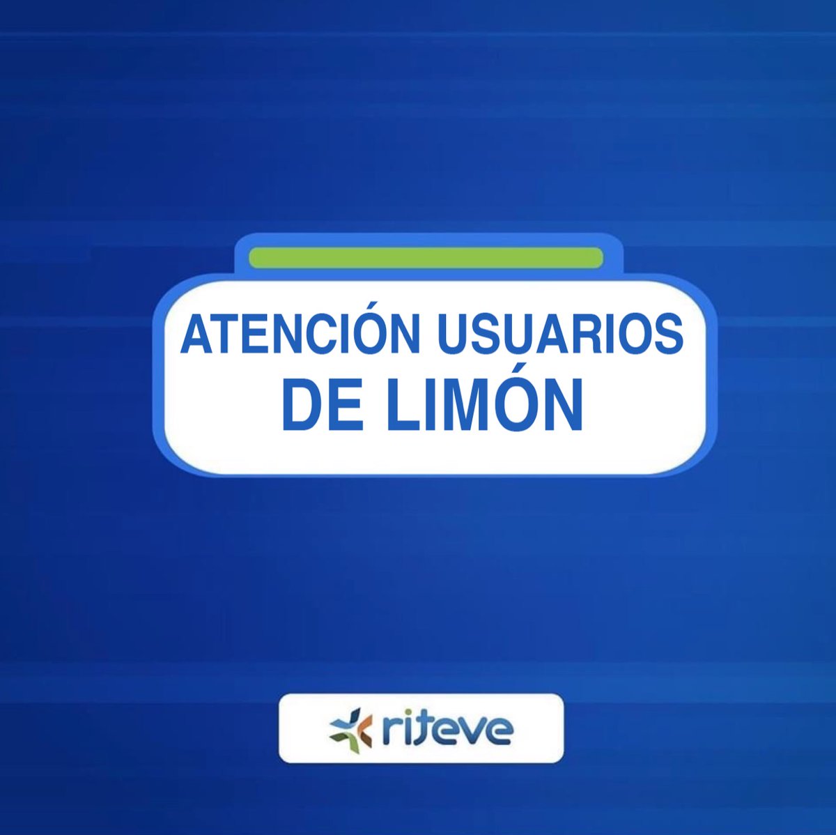 riteve_cr's tweet photo. ¡Atención usuarios de Limón!

Debido a la comunicación recibida departe del ICE sobre una suspensión del servicio eléctrico, nos vemos imposibilitados de brindar el servicio en el horario de 8:15 am a 3:30 pm. https://t.co/sgmPOcBL29