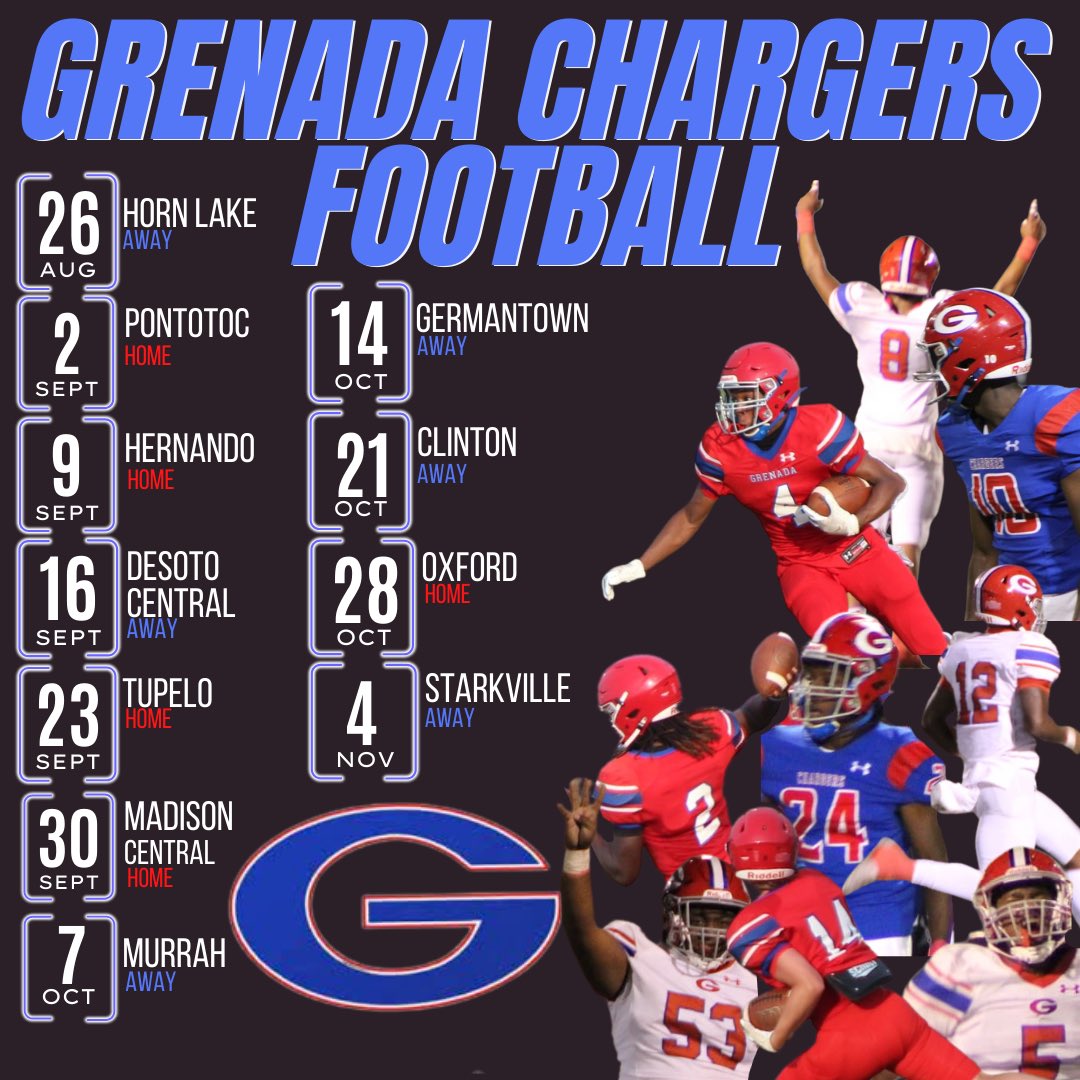 GrenadaChargers's tweet photo. 2022 GHS Football Schedule ⏳ https://t.co/Mver7q5VEI