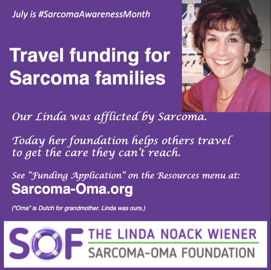 I've been helping <a href="/SarcomaOma/">Sarcoma-Oma</a> expand social media awareness for their generous travel donations. There are many types of #sarcoma, and all such patients are eligible. Spread the word, especially during #SarcomaAwarenessMonth!