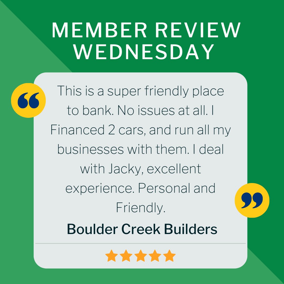 AZFinancialCU's tweet photo. Thank you, Boulder Creek Builders, for the five-star review and for trusting us with your business! 

#MemberReviewWednesday #BusinessBanking #Arizona https://t.co/jwyI9EuSsT