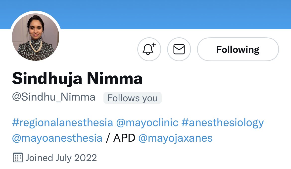 Welcome Dr Sindhuja Nimma to #twitter #SoME #regionalanesthesia family. She is a prolific #blocker 💉 & amazing #educator @mayojaxanes @MayoAnesthesia #mayoclinic . @ASRA_Society @NarouzeMD @SretroPMD @rossrenew @BethLadlie @nelkassabany @Nadia_Hdz_MD @shaskinsMD @jeffgadsden