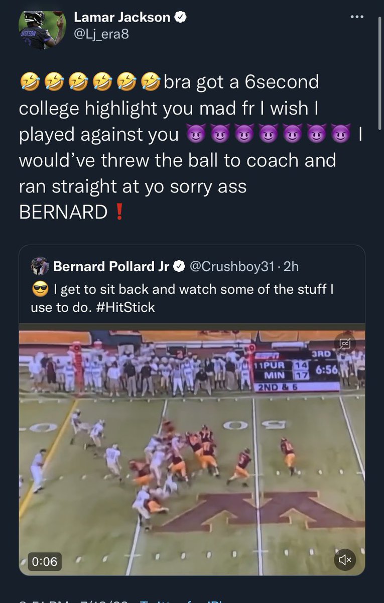 MySportsUpdate's tweet photo. Former NFL safety Bernard Pollard was talking trash about Lamar Jackson. 

Lamar saw it and clapped back. No holding back. 😲😲 https://t.co/K4SK6CzOT8