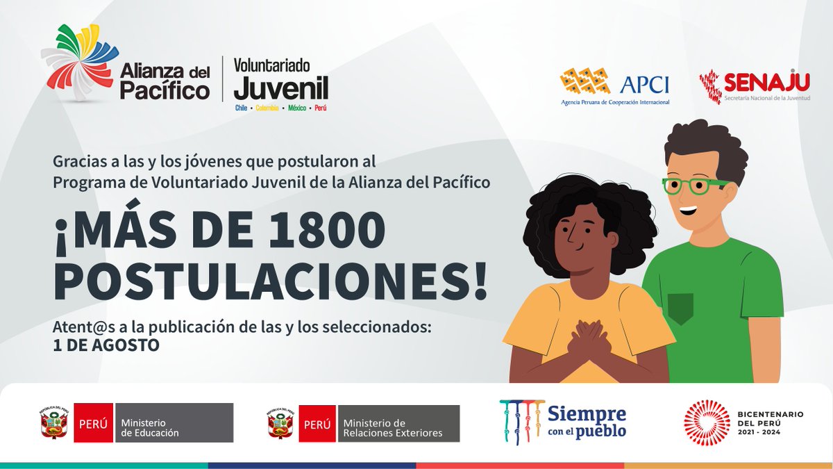 ✨ Agradecemos a las y los jóvenes de  🇨🇱, 🇨🇴, 🇲🇽 y 🇵🇪 por participar en la convocatoria del Programa de  #Voluntariado Juvenil de la #AlianzaDelPacífico.
¡Muchos éxitos! 😃