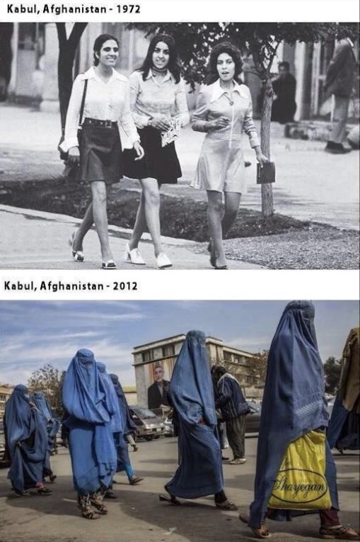 WynnWs's tweet image. People need to research countries who lost or have no separation of church and state. Top is Kabul, Afghanistan 1972 bottom is 2012 after the Taliban enforcement of stricter “religious”laws against women. This also happened in Iran.