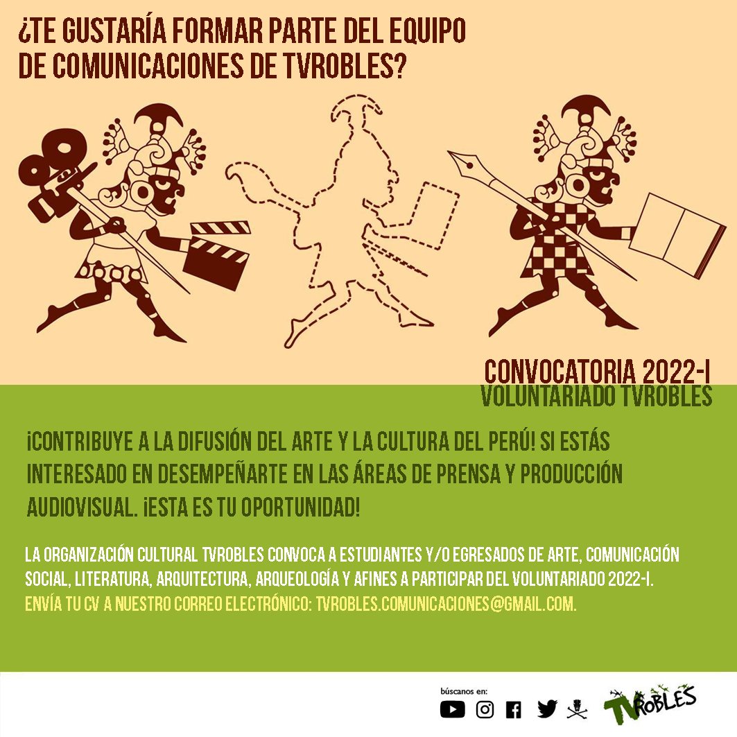 TVRobles's tweet photo. [#VOLUNTARIADO 2022-I]

1.- PRENSA CULTURAL
2.- PRODUCCIÓN AUDIOVISUAL

Cierre de convocatoria: 28/07

Envía tu CV en pdf. a: tvrobles.comunicaciones@gmail.com indicando en el asunto el área de postulación.
- Voluntariado TVRobles 2022-I-OCII-N° de perfil de voluntario (1 o 2). https://t.co/xMMyTCw90a