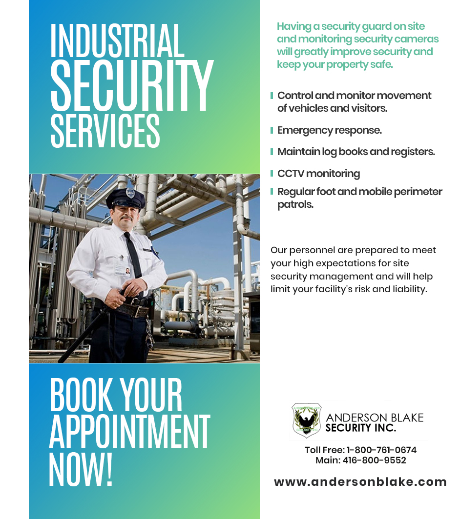Get industrial security service just Contact Anderson Blake Security:
Call us at 416-800-9552 
andersonblake.com
#security #securityservicesin #SecurityGuard  #residentialsecurity #commercialsecurity #eventsecurity #mallsecurity #plazasecurity