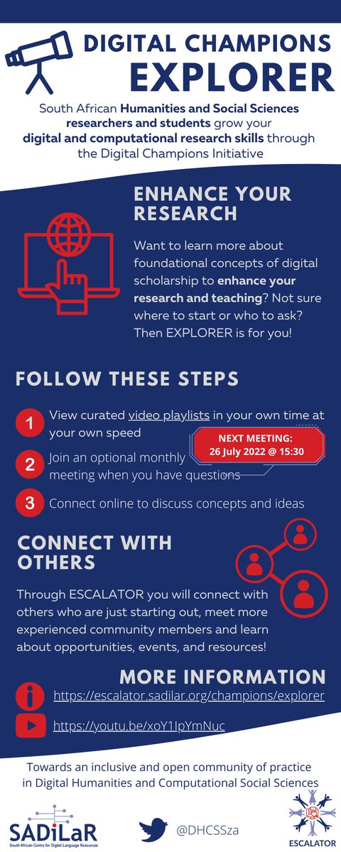 Digital Humanities & Computational Social Sciences (@dhcssza) on Twitter photo Join us for the EXPLORER monthly meetup, 26 July, 15:30 - 16:30 SAST. EXPLORE foundational concepts of digital scholarship to enhance your research and teaching.
escalator.sadilar.org/champions/expl…
<a href="/aneldavdw/">Anelda van der Walt</a>
<a href="/noma_maphanga/">Nomalungelo Maphanga</a>
<a href="/annemtreasure/">annetreasure</a> Join us for the EXPLORER monthly meetup, 26 July, 15:30 - 16:30 SAST. EXPLORE foundational concepts of digital scholarship to enhance your research and teaching.
escalator.sadilar.org/champions/expl…
<a href="/aneldavdw/">Anelda van der Walt</a>
<a href="/noma_maphanga/">Nomalungelo Maphanga</a>
<a href="/annemtreasure/">annetreasure</a>