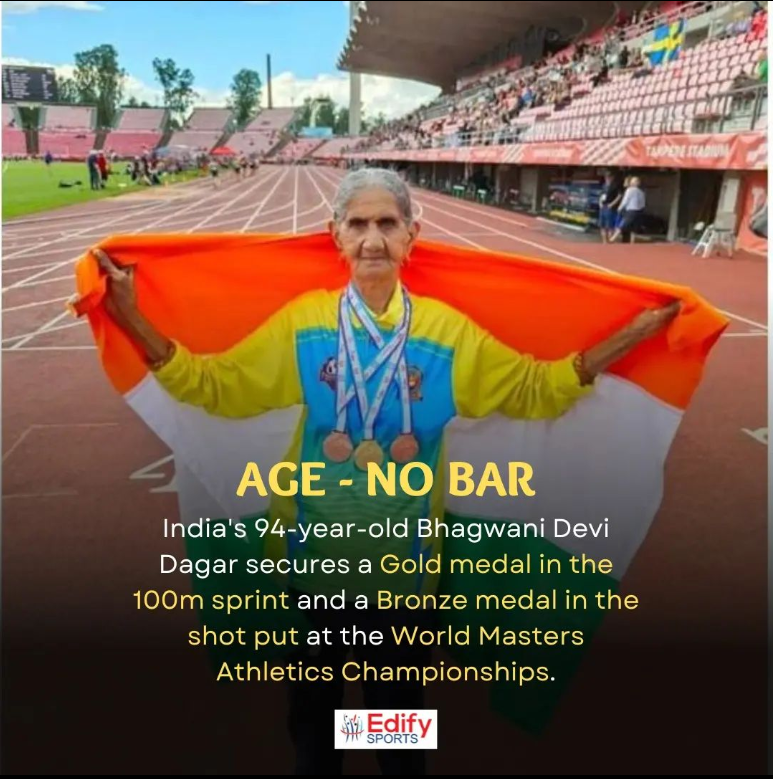 EdifySports's tweet photo. @EdifySports India's 94-year-old Bhagwani Devi Dagar achieved a gold medal in the 100m sprint by crossing the finishing line in 24.74 seconds and a bronze medal in shot put at the World Masters Athletics Championship.
Kudos to her for showing such a hearty spirit. 👏 https://t.co/8yUDDUFMYM