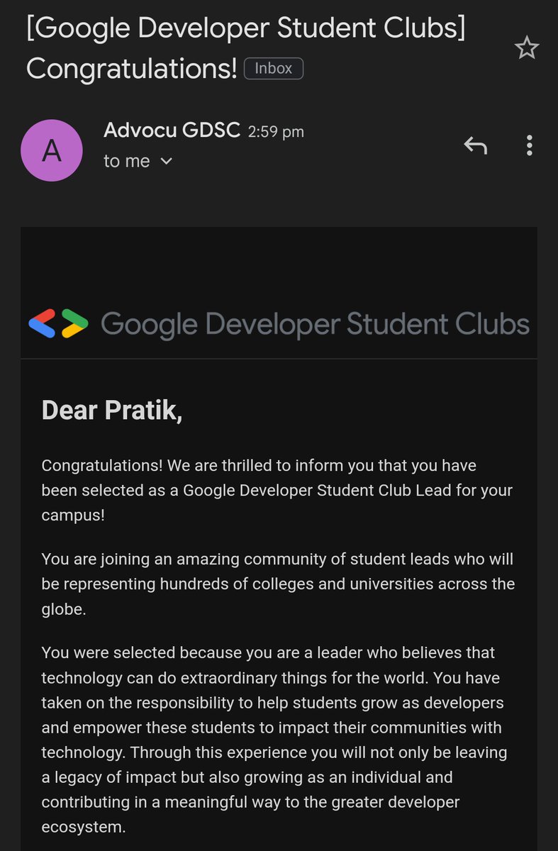 0xPratik010's tweet image. Chasing dreams!!
I am overwhelmed to announce that I&apos;ve been selected as the #GDSC lead for my campus for the upcoming year.
I will be setting up the GDSC for the first time in my campus and establish a coding community.
#gdsc #GoogleDevelopersStudentClub
#google #lead #selected