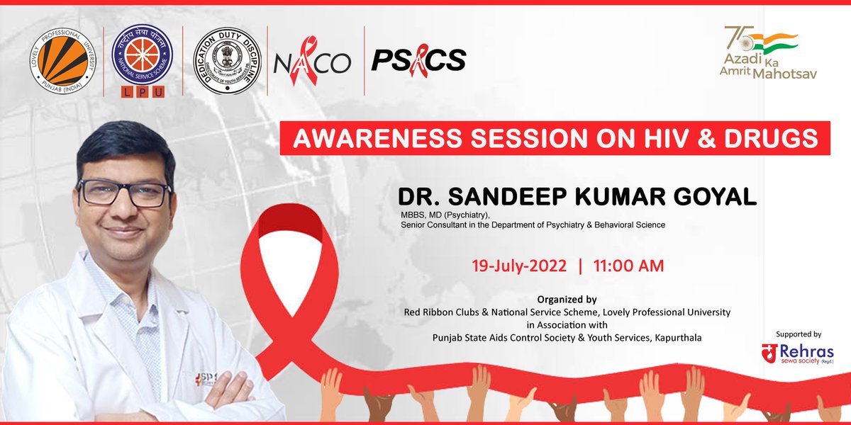 lpunss's tweet photo. @lpunss in association with @PunjabSACS and @NACOINDIA organize awareness session on HIV and Drugs on 19th July 2022 at @lpuuniversity https://t.co/cHps38XQLk