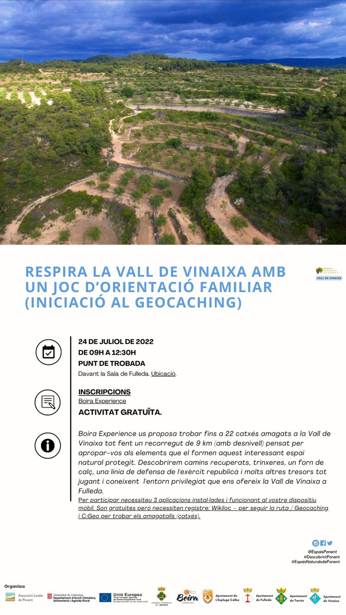 3️⃣ activitats pel proper cap de setmana que de ben segur us faran oblidar l'onada de calor 🌞
I és que podreu gaudir de la posta de sol amb dues propostes culturals, música i teatre! 🌄 I diumenge, una iniciació al geocaching, ideal per a famílies‼️Us hi esperem!