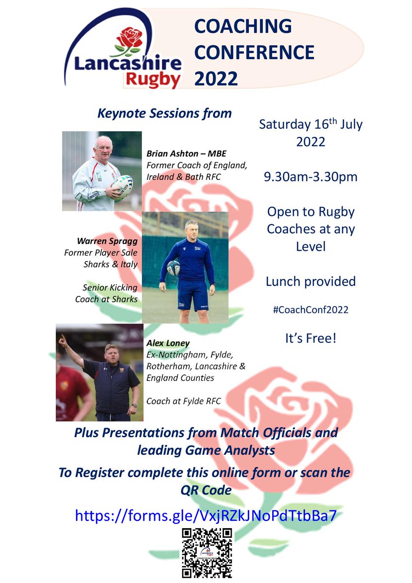 Excellent @lancashirerugby 2022 Coaching Conference, at the Woodlands this coming Saturday (16th July). Top contributors including Brain Ashton, @spraggio & @lono29. Fully booked!