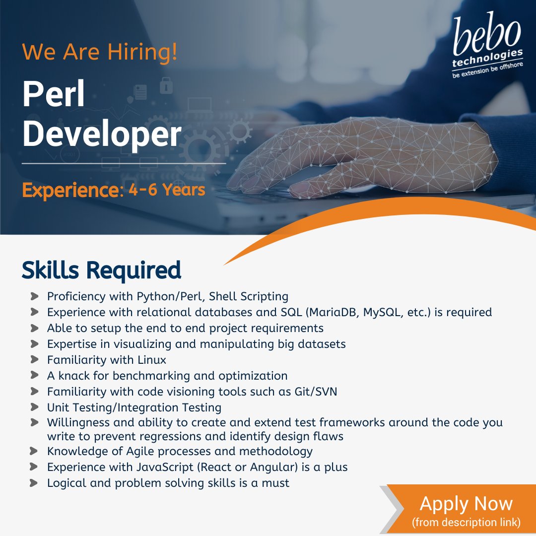 bebotechchd's tweet image. Want to work for a cutting-edge, delightful team in a thriving company with fantastic perks? @bebotechnologies is Hiring!!! Join the bebo team—we’d love to have you!
Apply Here: bit.ly/3v9ToVp
#perl #perldeveloper #perldeveloperjobs #software #bebotechnologies