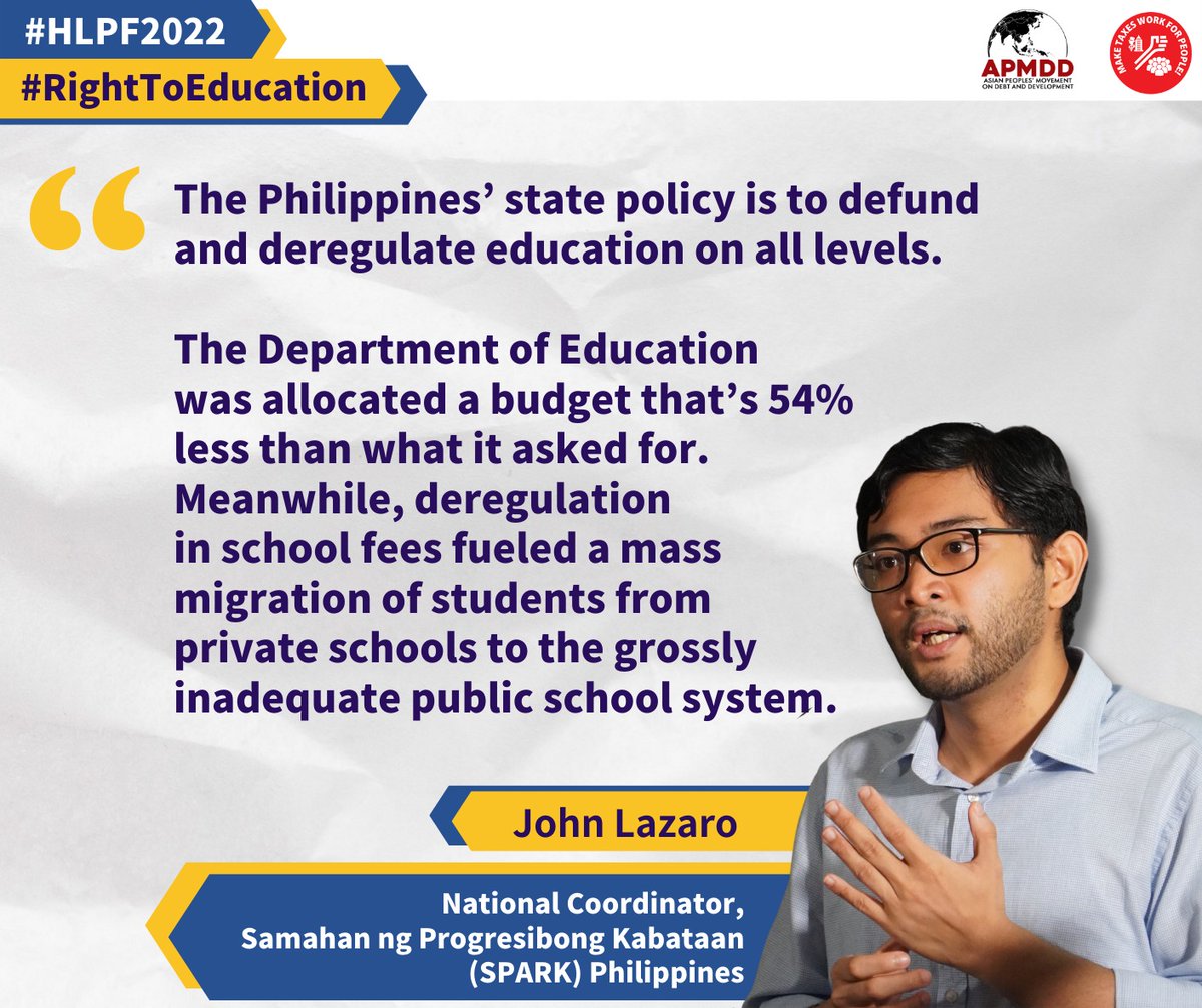 Make Taxes Work for Youth and Education Rights! Financing for #GlobalGoals should be a priority of governments at the #HLPF2022. This means fixing flaws in the global tax architecture that undermine domestic resource mobilisation for public services. 
@sparkabataan 
#TaxJustice