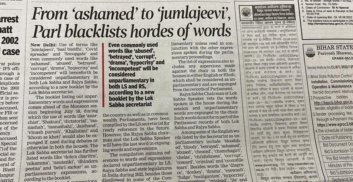 No words. Literally, because ashamed is banned 🤦🏻‍♀️
#indianparliament #FreedomOfSpeech #censorship #GoI #words