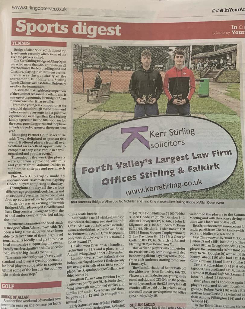 boasportsclub's tweet photo. Nice article in the @StirObserver about our recent successful Open tennis tournament held at the club organised by Head Coach @abtennisacademy sponsored by @KerrStirlingLaw https://t.co/mwlyK5z71z