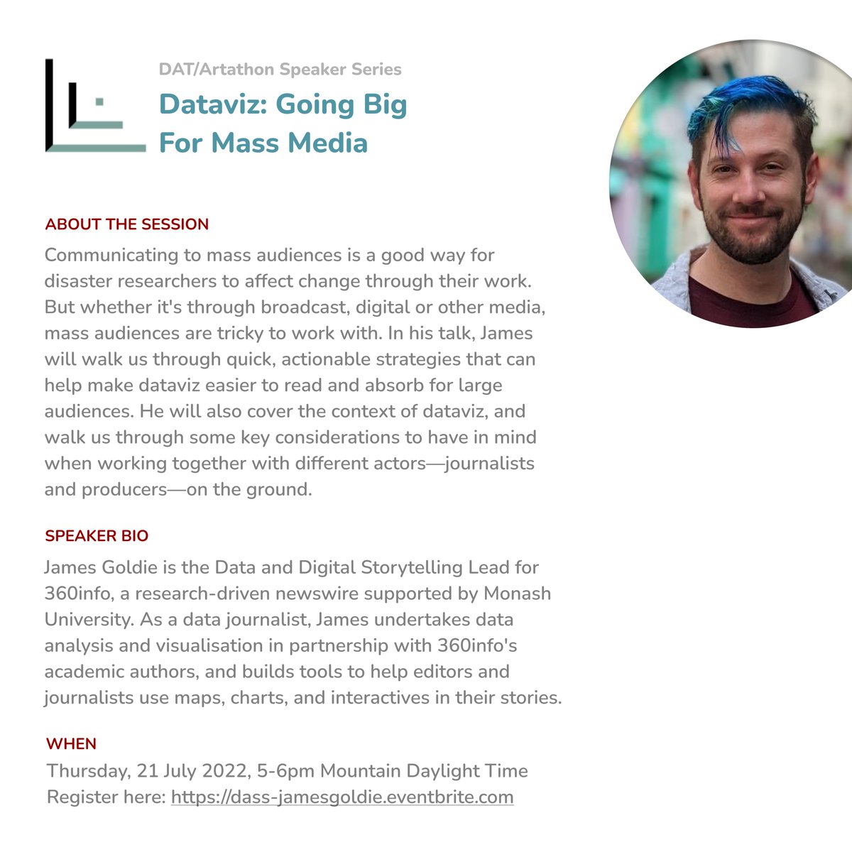 We are happy to announce the 1st session of the DAT/Artathon Speaker Series. This month, we're hosting @jimjam_slam, Data and Digital Storytelling Lead for 360info, who will share about communicating data to mass audiences. Register here: dass-jamesgoldie.eventbrite.com
