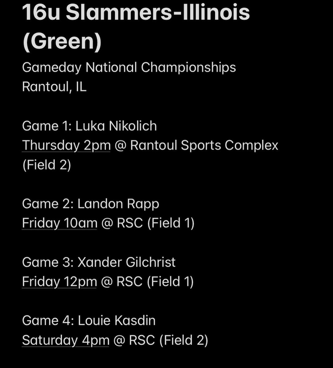 Here are the <a href="/Slammers_HS_IL/">Slammers Illinois | Baseball</a> 17u/16u rotations for the weekend! <a href="/Bullpenevents/">Bullpen Tournaments</a> @PBRIndiana @PBRWisconsin <a href="/GameDayUSA/">Game Day USA</a> <a href="/GDBJr5/">Gary Bennett</a> <a href="/NealJames56/">NealCotts</a> <a href="/sgalanop9/">Stephen Galanopoulos</a>