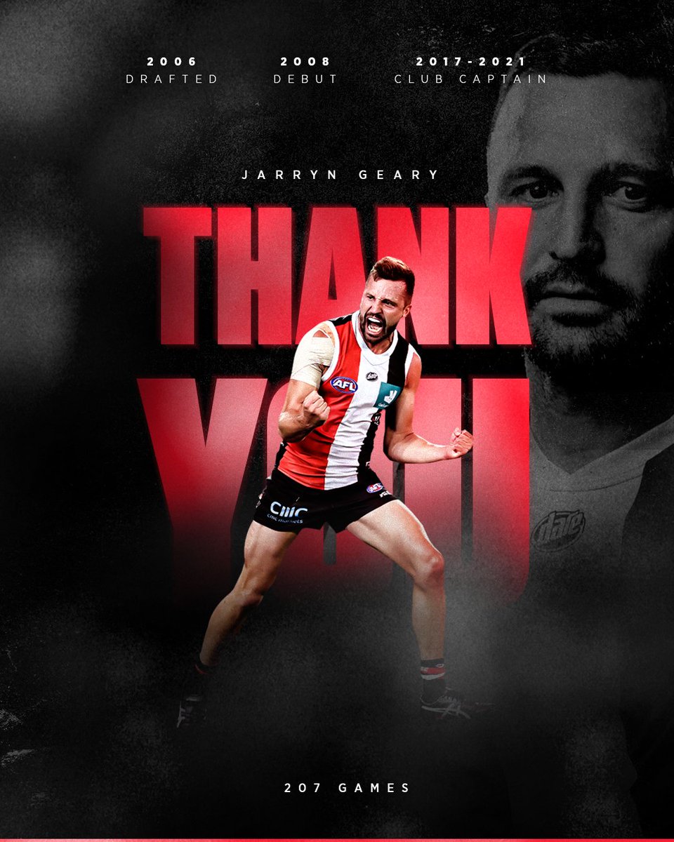 Our warrior. All heart.

Jarryn Geary has called time after 207 games in red, white and black.

Thank you for everything, Gears ❤️