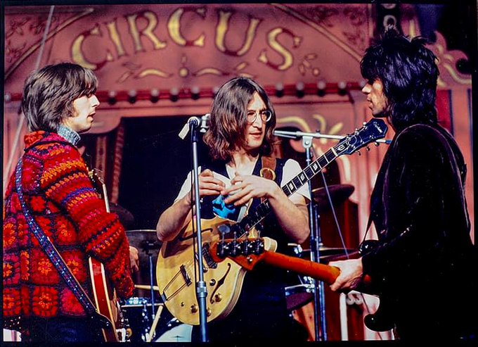 crockpics's tweet photo. Eric Clapton, John Lennon and Keith Richards, Rock and roll circus 1968 https://t.co/V6Ccx3qVe0