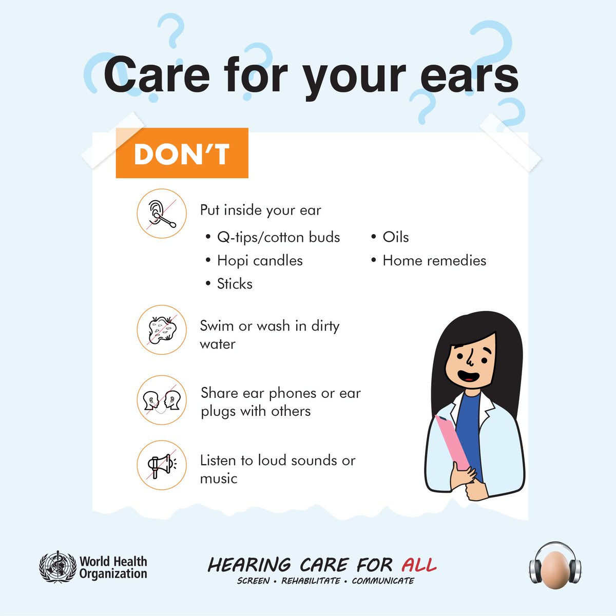 WHOPhilippines's tweet photo. Keep your ears healthy by following these tips to avoid infection and injury. 

Learn more about ear care: https://t.co/lXHEqWDW5P https://t.co/8UcbzpIBwe