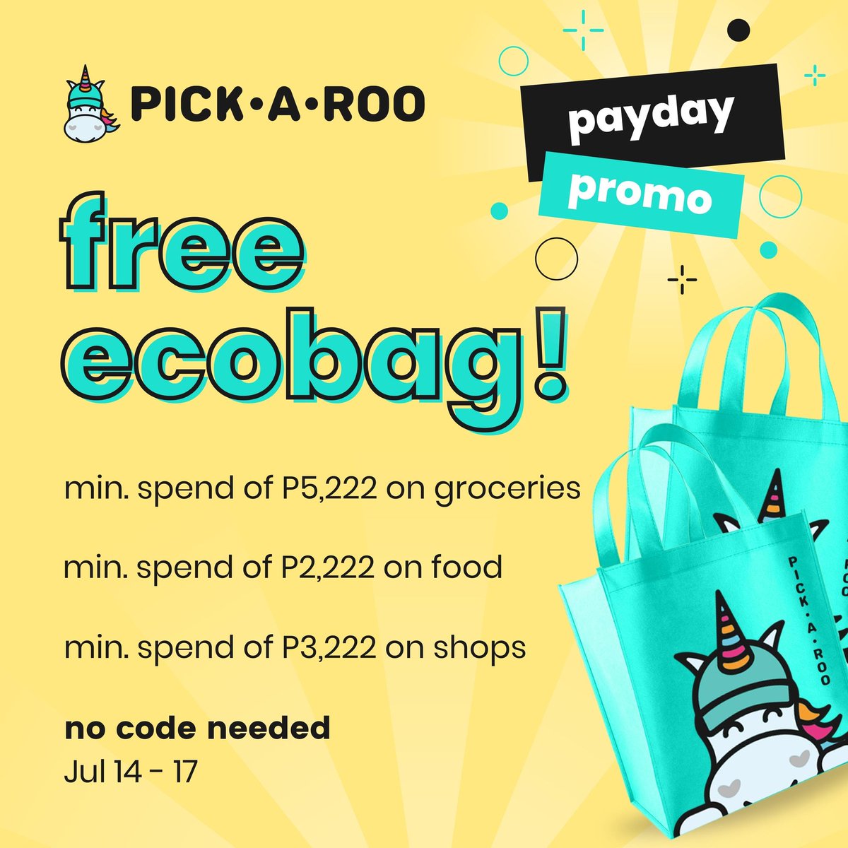 pickaroo's tweet photo. More promos this payday!
Get FREE Eco Bag from today until July 17, 2022 🥰
#PickARoo #DeliveryAppPH #Promo #FreeEcobag https://t.co/E13yqjjngB
