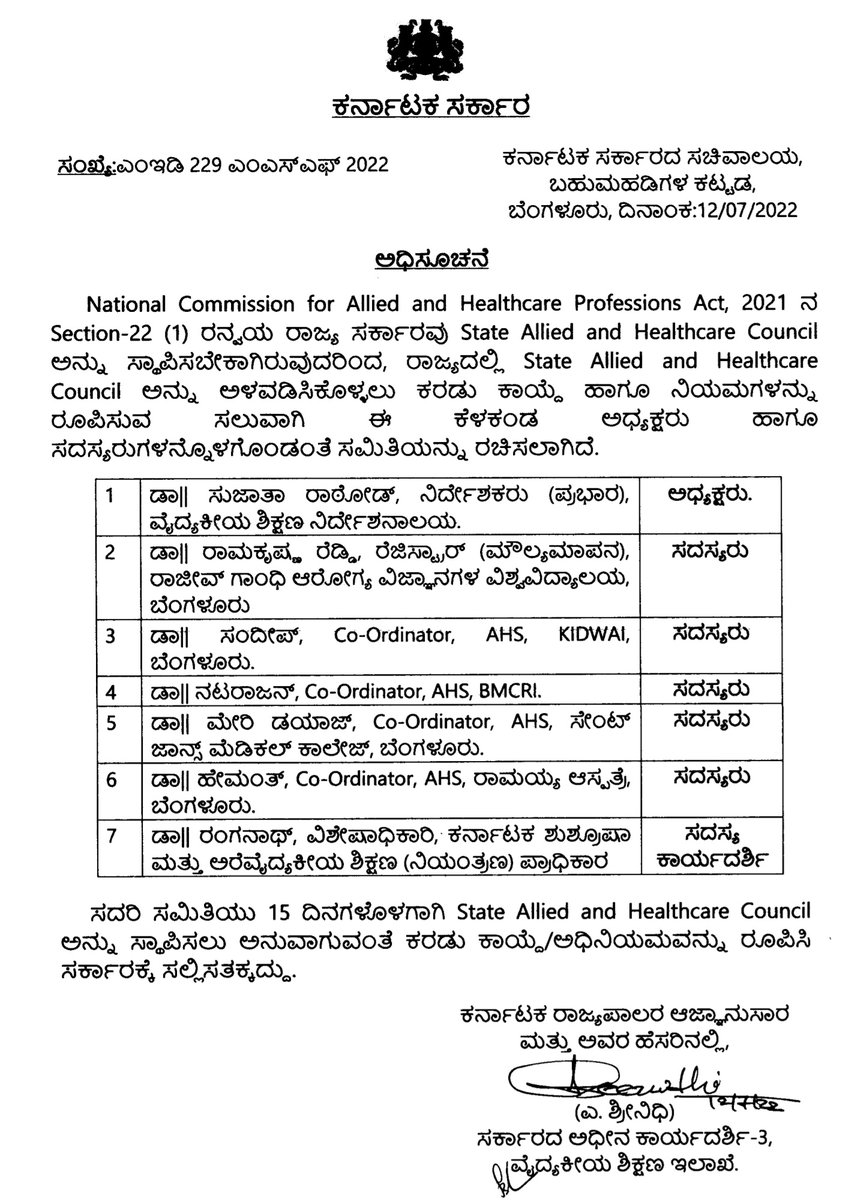 The main reason for forming #AlliedHealthSciences Professionals Council is to regulate their practice &amp; education &amp; Karnataka Govt thinks that Doctors can do it better than AHS professionals, not a single AHS professional in the committee to frame guidelines for council!