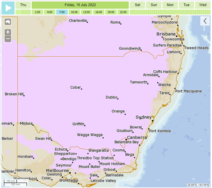 Tomorrow the chance of widespread frost across most of #NSW, area shown in pink. This is due to cold overnight temperatures for most inland areas with 0° and below, as well as clear skies and light winds as a high pressure system moves over the state. See: bom.gov.au/nsw/?ref=hdr