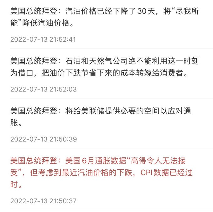 kaijiangle's tweet photo. 昨晚公布的CPI创新高，美股盘前大跌开盘后慢慢拉回，收盘纳指微跌道指标普也都走收回大部分跌幅，大饼还涨了。
1、一方面市场前几天已经提前反应，另一方面昨晚拜登的讲话“6月cpi过时了”提振了些许市场的信心。其实有一定的道理，原油市场价格回落反映到美国国内的油气价格，有一个传导期 https://t.co/9G8P2l2RaO