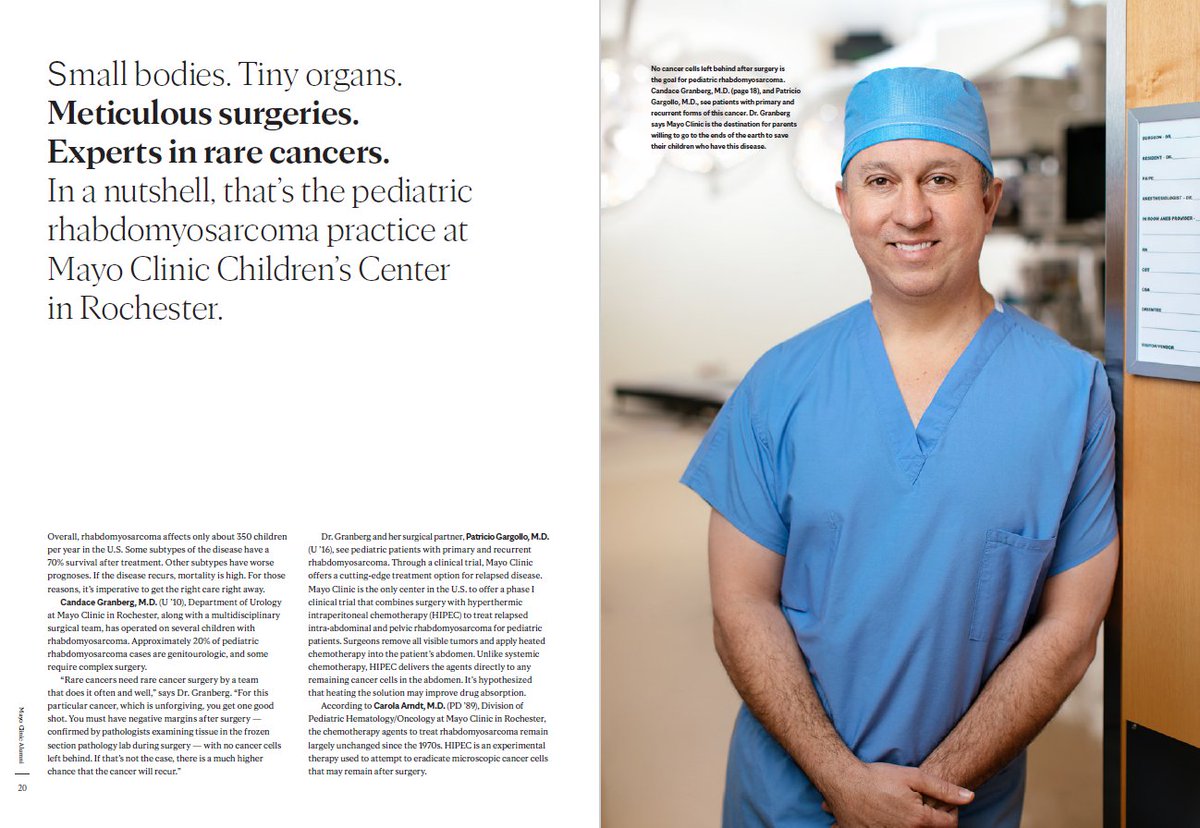 Who's that on the cover of <a href="/MayoClinic/">Mayo Clinic</a> Alumni magazine? It's <a href="/MayoClinicKids/">Mayo Clinic Children's</a> surgeon-in-chief <a href="/candacegranberg/">Candace Granberg, MD</a>, headlining a 10-page spread on our incredible pediatric rhabdomyosarcoma program alongside @pgargollo! Check out this inspirational feature: mayocl.in/3z5dZMX 👏