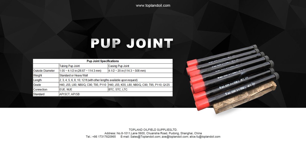 OilTopland's tweet image. Pup joint is kind of pipe without non-standard length to adjust the length of tubular strings to its exact requirement. Casing and tubing pup joint are produced according to API 5CT. Beyond the standard of oil casing is called pup joint. #PUPJOINT #Wellheadtools #oilfield