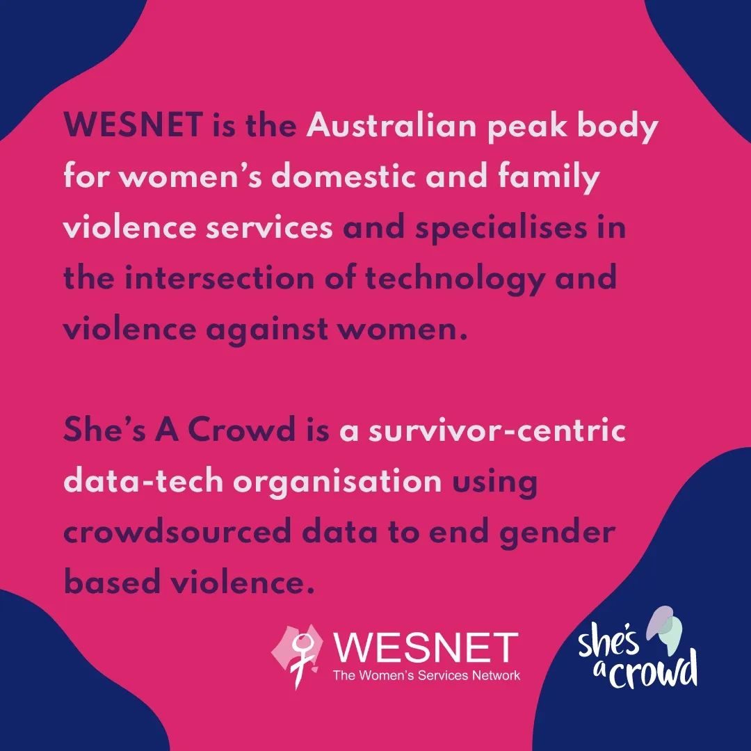 shesacrowd's tweet image. @WESNETAustralia works for a future where all women and children live free of domestic and family violence and its consequences. @shesacrowd uses crowdsourced data to make spaces safer for women and gender-diverse people. 

#WESNET #ImageBasedAbuse #ShareYourStory #DV