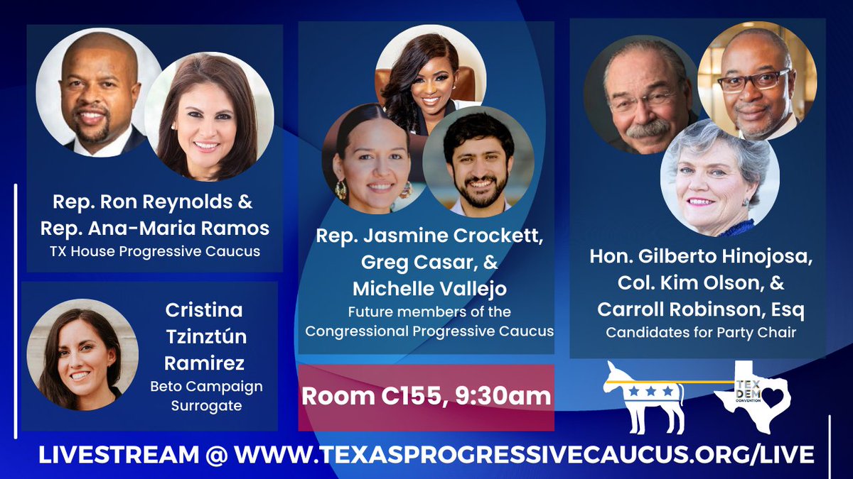 Join TX House mems @ronereynolds & @Ramos4Texas; future Congressional champions @JasmineForUS, @GregCasar & @MichelleVforTX; Beto surrogate @cristinanextgen; & Party Chair candidates @HinojosaTX, @CarrollGRobins1 & @KimOlsonTx for the TXPC caucus! RSVP👇
texasprogressivecaucus.org