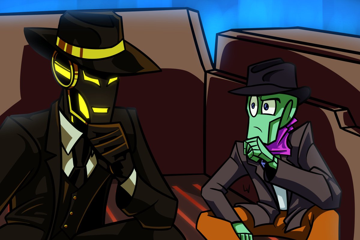 LeiOfHarts's tweet photo. Ending the day with another #Artfight2022 attack! This one's a crossover between my OC, Ace McNacho (from #Robotrio) and @2eeillustration's OC, Agent Roswell (from #Return_0)!
#art #digitalart #artfightattack #technoir https://t.co/28f89dGkbi