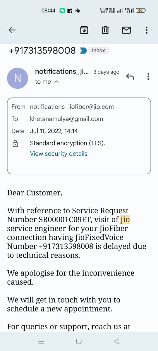 AmulyaKhetan's tweet photo. India's biggest company worst service #jiofibre  Service request number (SR00001C09ET) for my jio fibre dated, 5/7/22 not resolved yet, no technician visit, no proper answer from customer care executive @JioCare @_MukeshAmbani @AshwiniVaishnaw @GoI_MeitY @PMOIndia @RahulGandhi https://t.co/oz47V2dLxO