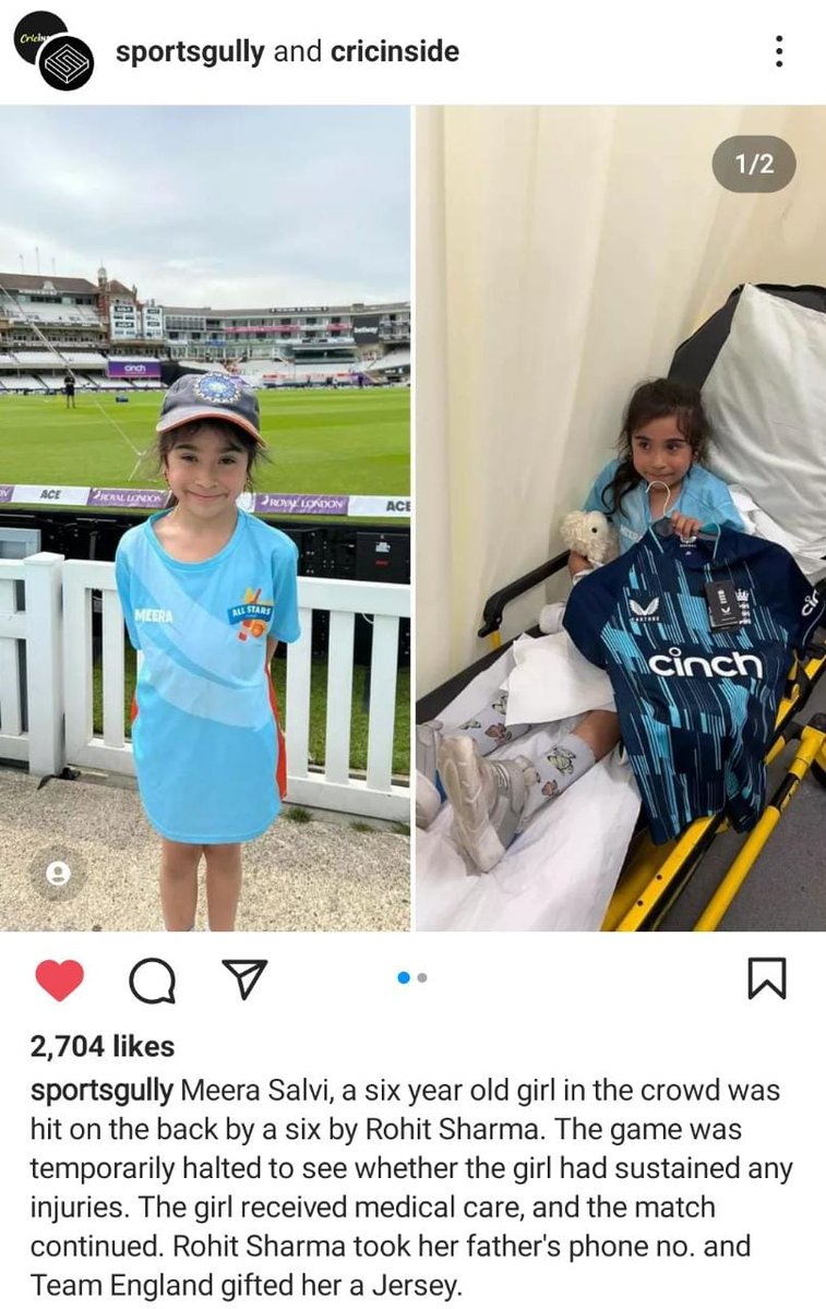 TruJay7's tweet photo. @ICC @MRFWorldwide Meera Salvi Who Was Injured By A Rohit Sharma Six, England Team Gifted Her A Jersey And Rohit Sharma Took Her Father's Phone Number {Source:Cricinside/SportsGully) https://t.co/uElrzxLJC0