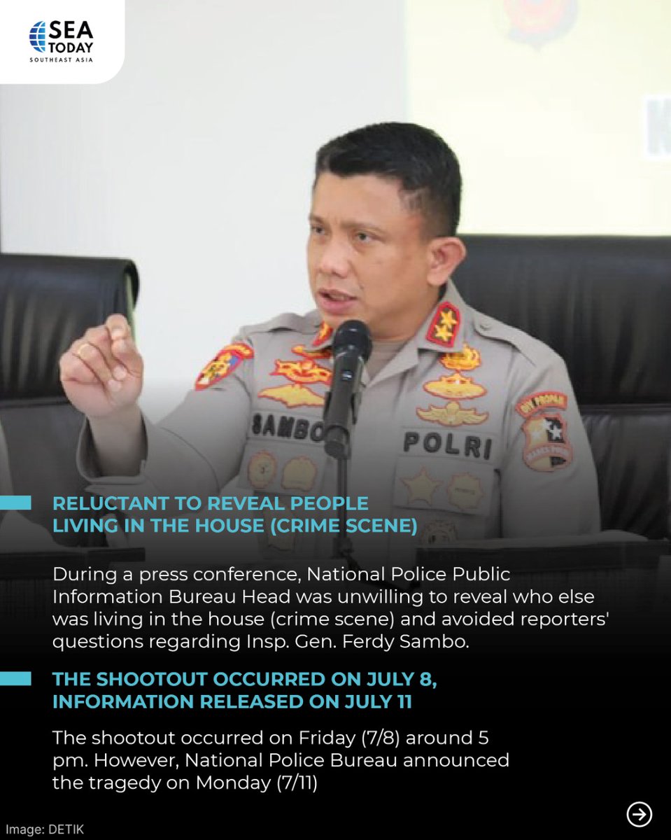 seatodaynews's tweet photo. The death of Brigadier Novriansyah Yosua Hutabarat (J) at the National Police Internal Affairs Chief's residence on Friday (7/8) in #DurenTiga, #SouthJakarta, gained public attention due to some irregularities.

What are those? Read the information above! #SEAToday #SEATodayNews https://t.co/w01nEaNoxH