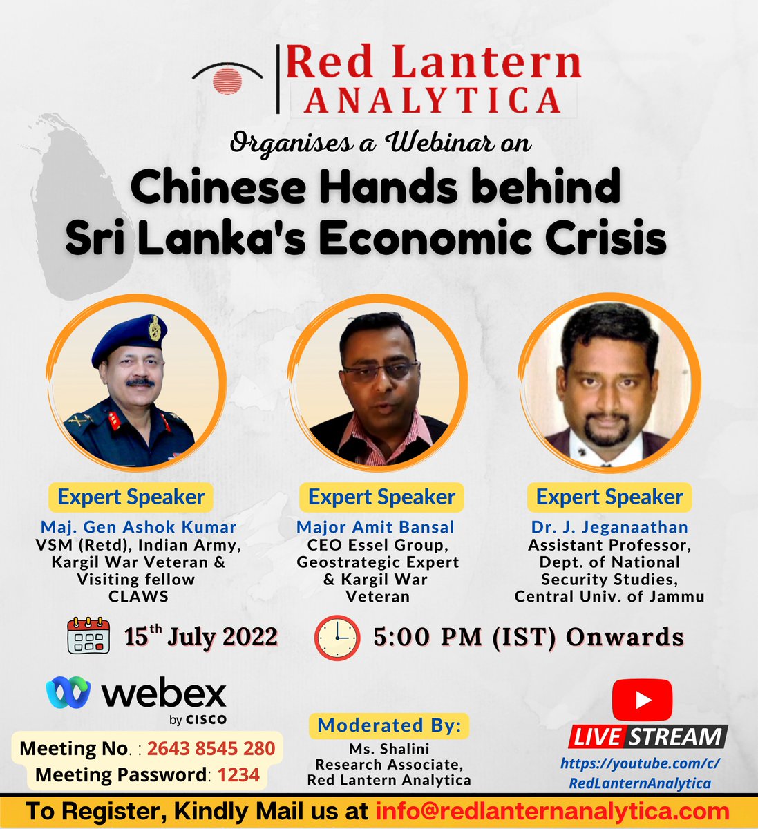 RLAnalytica's tweet photo. WEBINAR ALERT

Topic: "Chinese Hands behind Sri Lanka's Economic Crisis" 

Date: 15th July 2022 

Time: 5:00 PM (17:00 Hrs) India Standard Time GMT+05:30 

Expert Speakers for the Session will be @ChanakyaOracle , @majoramitbansal and @chamujegan 

#RLAWebinar
#China #DebtTrap https://t.co/dTFlyhtEwr