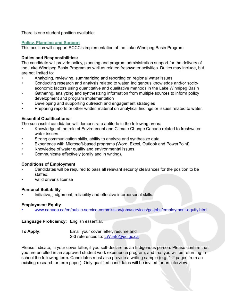 ⁦⁦@environmentca⁩ is looking to hire #IndigenousStudents to work on #water quality efforts in the #LakeWinnipegBasin. Deadline to apply is August 5.