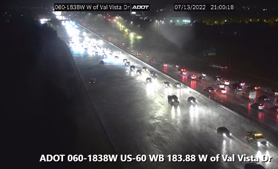 ArizonaDOT's tweet photo. *CLOSURE* *PLEASE SHARE* 

US 60 is CLOSED at Val Vista in the East Valley. 

The closure is due to flooding. 

All westbound traffic must exit at the Val Vista exit. 

Motorist are advised to expect delays. 

There is no estimated time to reopen the highway. https://t.co/Bz8YJNCQZ4
