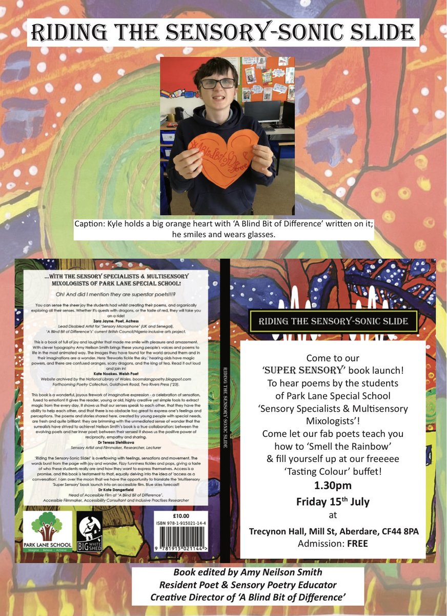 AmyNeilsonSmith's tweet photo. Tomoz!🌈Come to our free #TastingColour buffet & launch 🚀 our book #RidingTheSensorySonicSlide❤️hosted by fabulous sensory poets @parklane_school! See top reviews & venue/pics!Publisher @bigwhiteshed you rock!🌈@access2film will be 🎥for world domination! https://t.co/TPddwQBDLW