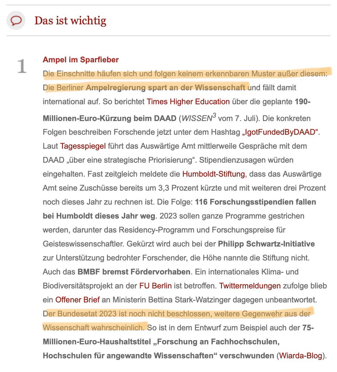Bei #ZEITWissen3 gibt es heute eine frustrierende Zusammenfassung der zahlreichen Kürzungen an der Wissenschaft &amp; einen Ausblick: „Der Bundesetat 2023 ist noch nicht beschlossen, weitere #Gegenwehr aus der Wissenschaft wahrscheinlich.“ #Bewilligungsstopp
newsletterversand.zeit.de/ov?mailing=504…